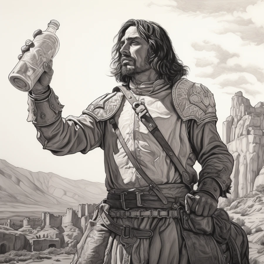 Crno beli crtež konkvistadora u ratnoj uniformi kako drži otvorenu flašu pića pod nazivom puljke.