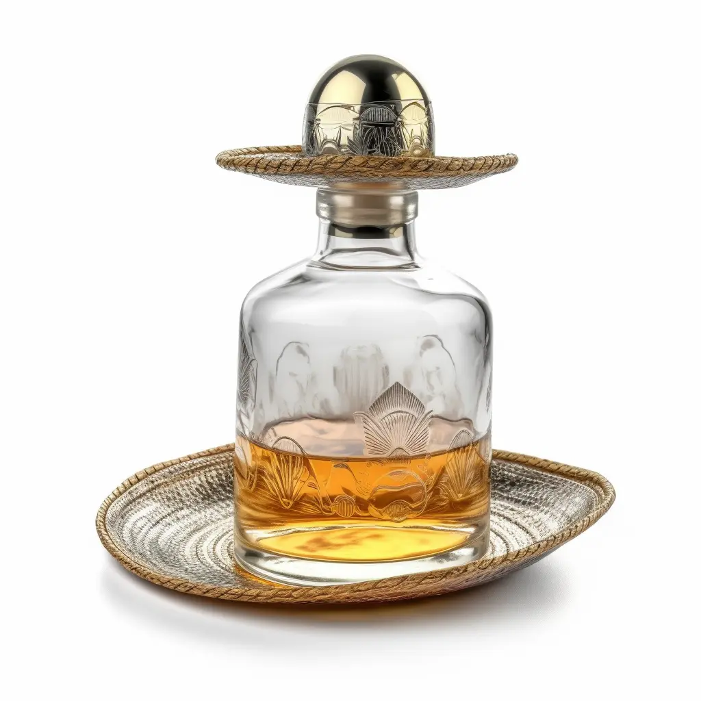 Detaljan crtež polupune boce tekile, boca se nalazi u keramičkoj čini a čep je u obliku metalnog sombrera.